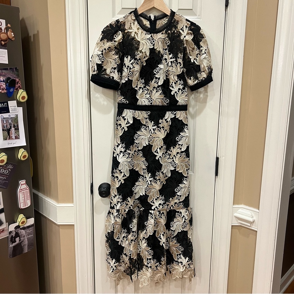 ANTONIO MELANI TESSA LACE MOONLIT BOTANICAL RUFFLED HEM MIDI DRESS Size 4